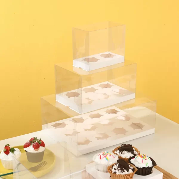 Cajas de 12 agujeros transparentes para mini cupcakes a granel con lazo elegante e insertos blancos-1-1